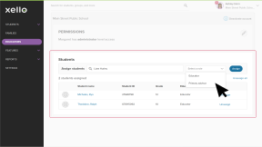 An educator profile in Xello. The Students section is highlighted. The Select a role dropdown is open and the cursor is selecting Primary advisor.